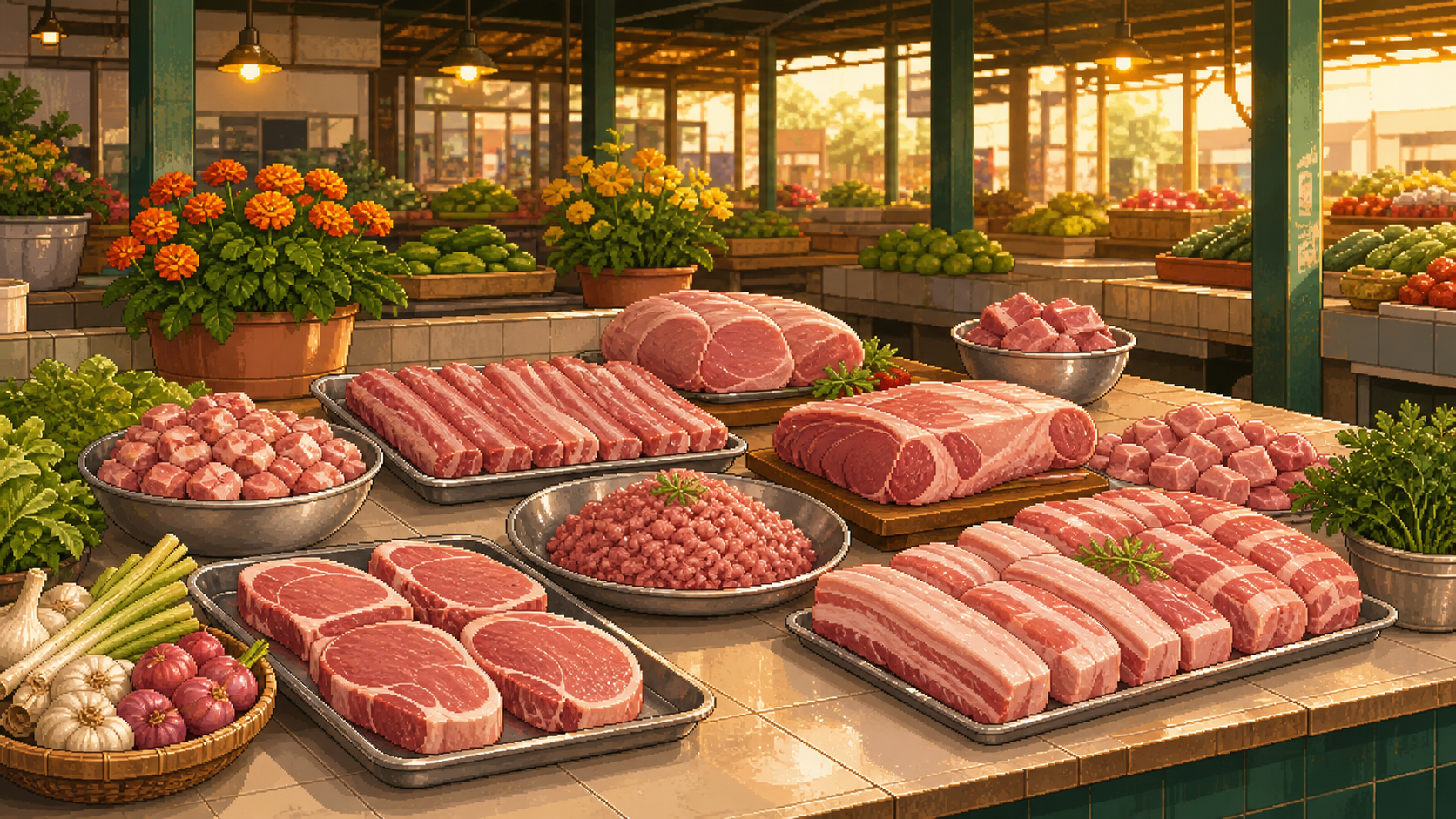 Premium pixel-art pork market table with fresh cuts arranged neatly on clean trays